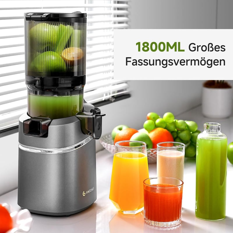 AMZCHEF Automata Gyümölcs- és Zöldségprés 250W - Széles 135mm Adagolónyílás, 1,8L Kapacitás, Hármas Szűrőrendszer, Hidegpréselés, Csendes Mo
