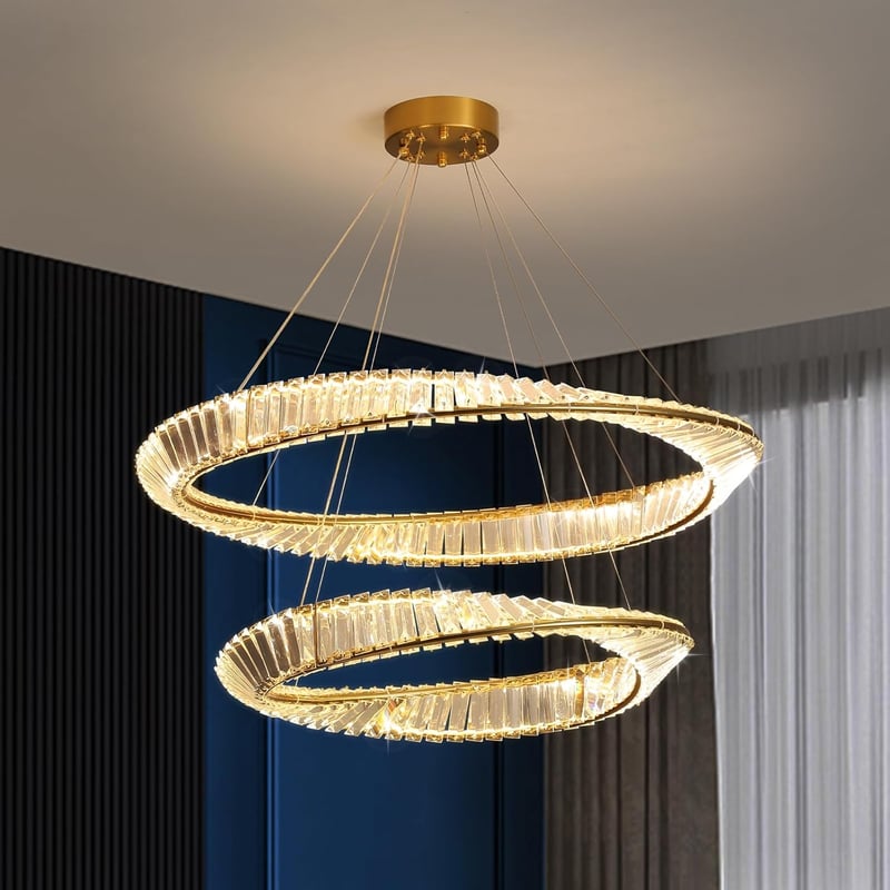 minifair Modern LED Csillár K9 Kristállyal, Kör Alakú Dimmelhető Függőlámpa 40+60 cm, Arany Fém, 7000 Lumen, Nappali, Étkező, Konyha, Hálósz