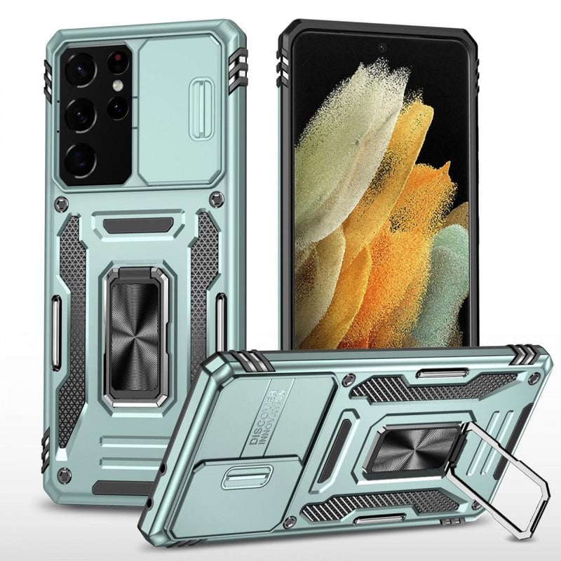 Samsung Galaxy S22 Ultra kék tok 360°-os tartóval és kameravédővel