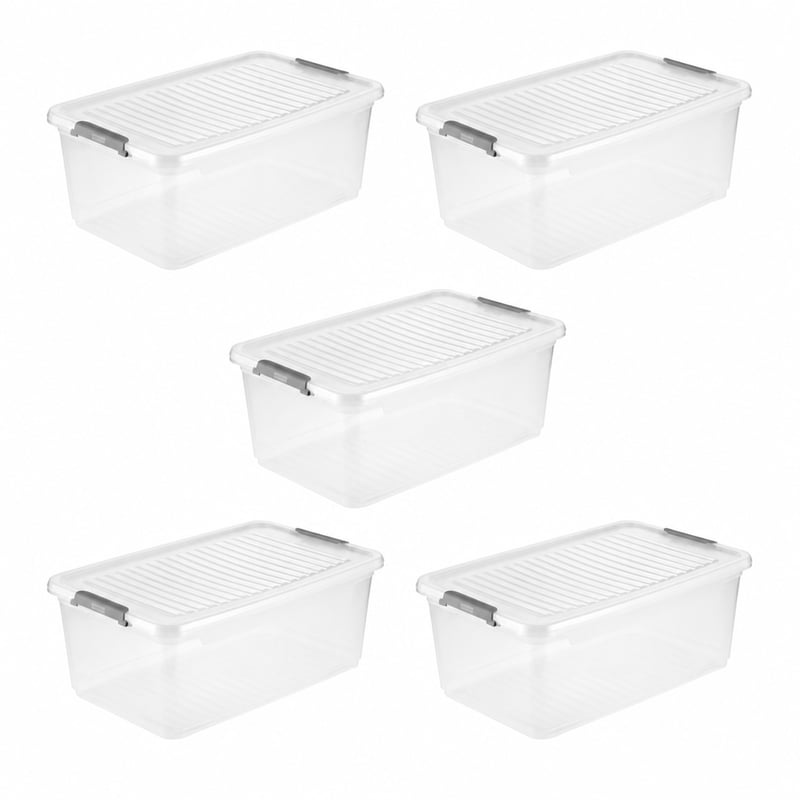Cutie de depozitare keeeper Leo cu capac și roți, 37 L, 59x38x24 cm, transparentă, cu clipsuri — setul de roți lipsește (stare: vezi a 2-a imagine)