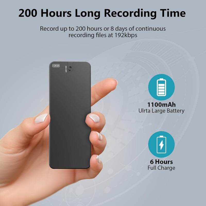 Tonnlog 128GB Digitális Hangrögzítő 200 Órás Akkumulátor Idővel - 1500 Óra Tárolókapacitás Előadásokhoz, Értekezletekhez, Interjúkhoz