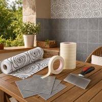 Set za obnovu zidova: samoljepljive tapete + 24 naljepnice za pločice + 16 rola krep trake + kutna gletalica 1