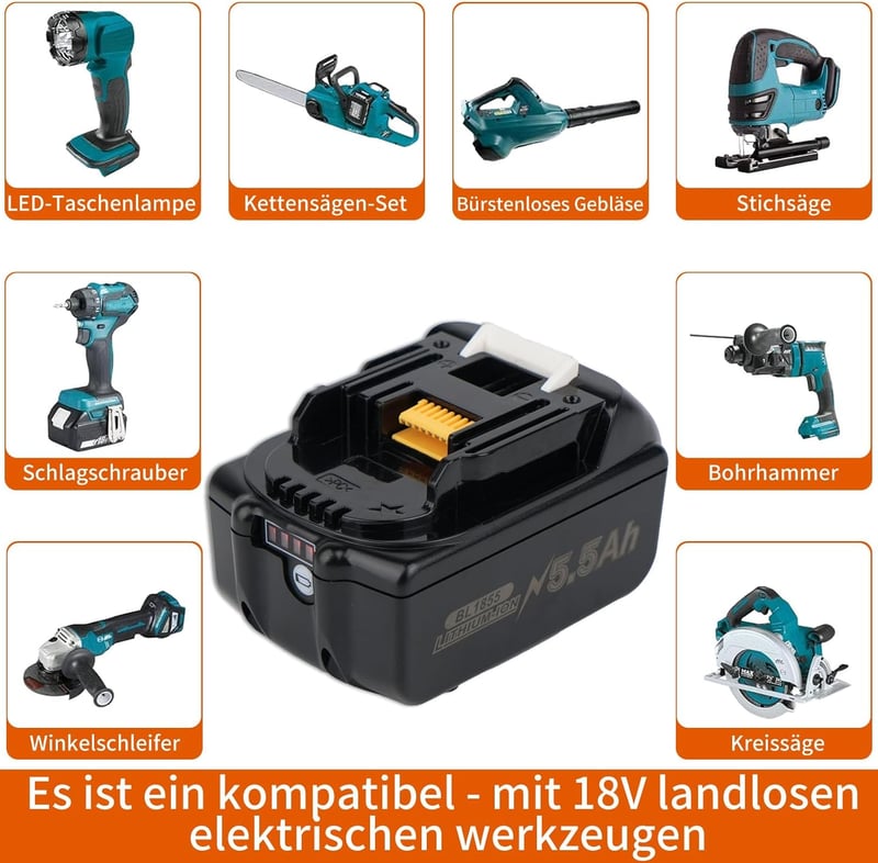 BXOXD Makita Kompatibilis 18V 5.5Ah Li-ion Akkumulátor Szett - 2 db Pótakkumulátor + DC18RC Gyorstöltő - BL1850 BL1860 Szerszámgépekhez