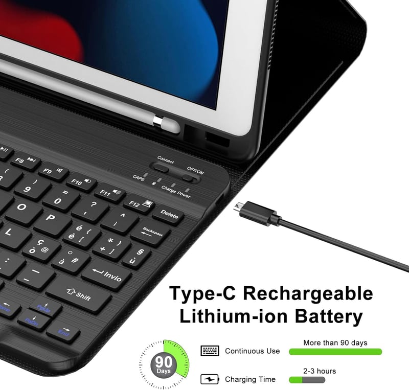 KVAGO iPad 10,2" olasz billentyűzetes tok - Bluetooth, mágneses, levehető, fekete