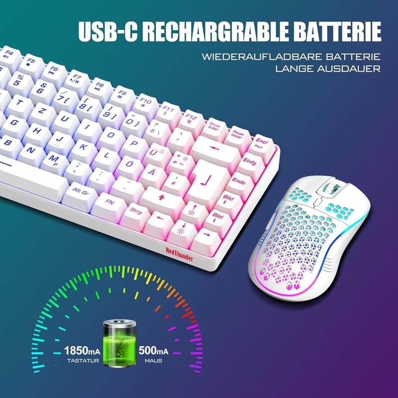 RedThunder 75% Vezeték Nélküli Gamer Billentyűzet és Egér Szett, QWERTZ DE Kiosztás, TKL Kompakt Mini Billentyűzet, 7200DPI Méhsejt Egér, PC - White