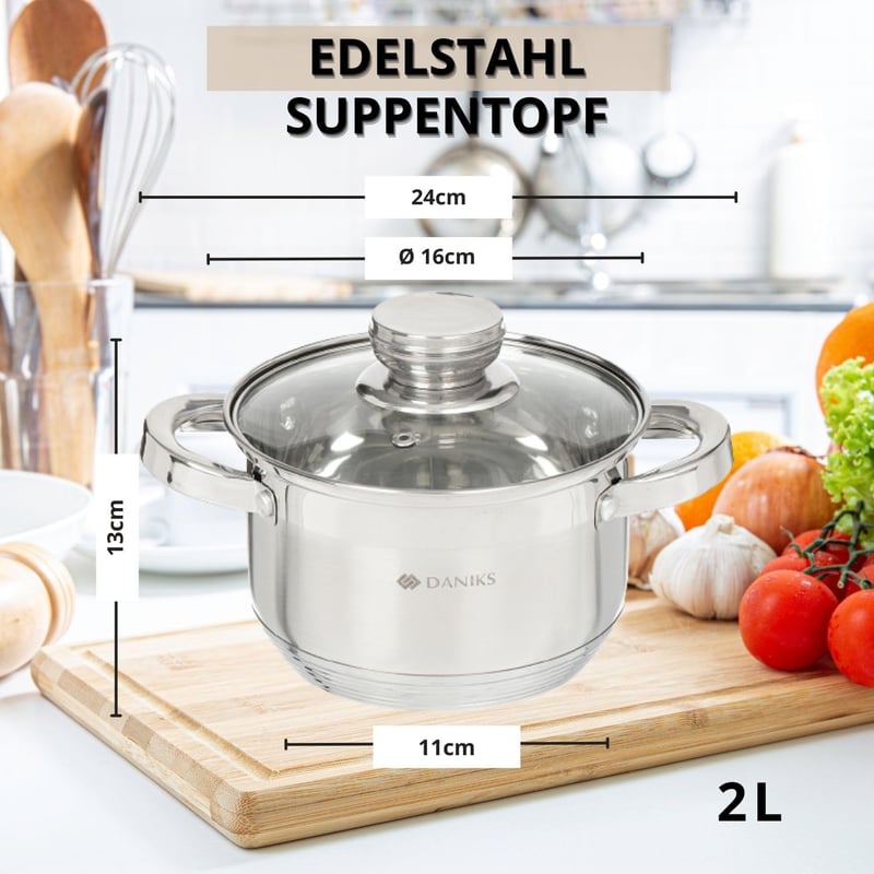 Daniks Indukciós Rozsdamentes Acél Főzőedény Üvegfedővel - 16 cm, 2 Literes Leves/Tészta Fazék, Ezüst