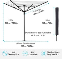 MYOYAY XXL Kerti Ruhaszárító 50m Szárítókötéllel - Összecsukható Esernyő Szárítóállvány Fém Vázzal, 30kg Teherbírás, Talajhüvellyel 2