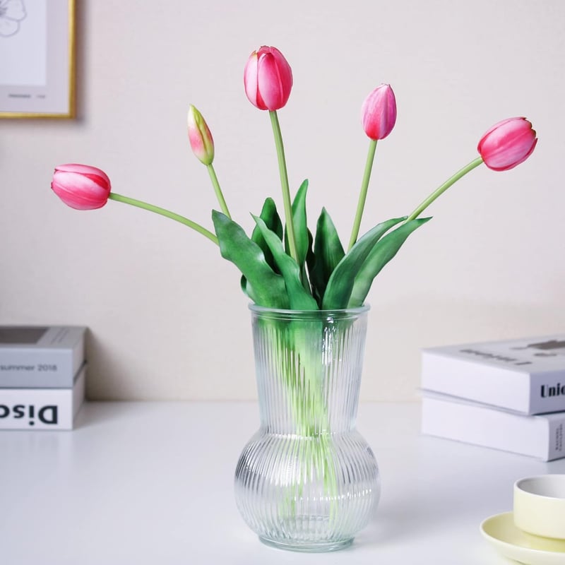 WAKISAKI 40 cm-es Élethű Műtulipán Szett - 5 db Élénk Rózsaszín Virág Valódi Tapintással, Hajlítható Szárral, Váza Nélkül