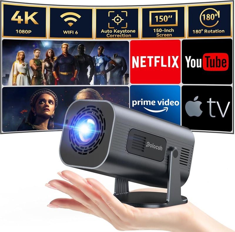 Polocsh Mini Projektor 4K Támogatással, Android 11.0, Full HD 1080P, WLAN6, BT5.2, Automatikus Keystone, 180° Forgatható, Telefon/Laptop Kom