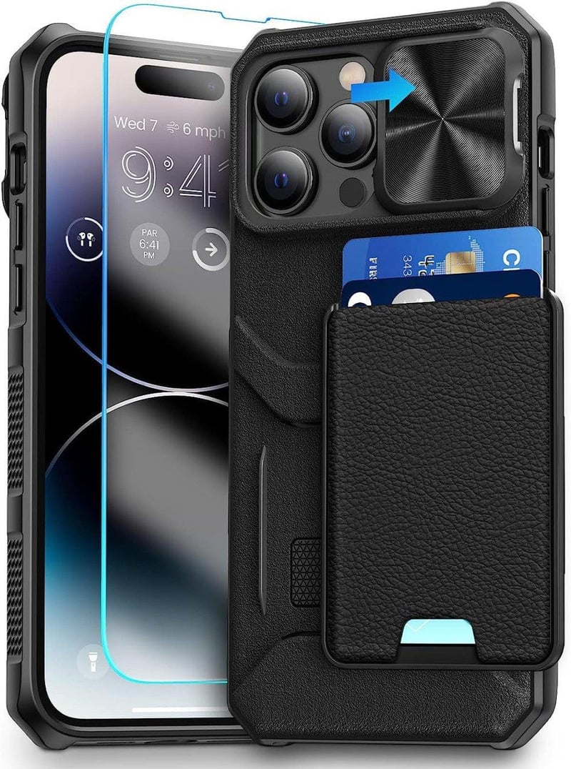 iPhone 14 Pro Védőtok Fóliával, Kártyatartóval, Kameravédővel - Fekete