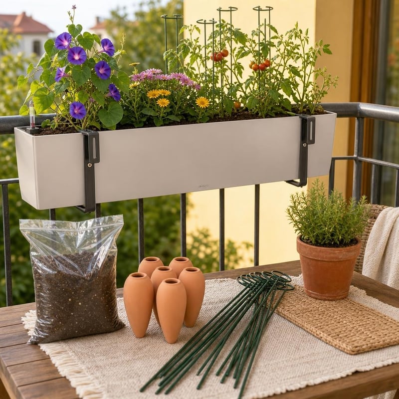 Kit Grădină pe Balcon: suport fără găurire + jardiniere 80cm + 10L pământ + 6 conuri + 10 tije metal