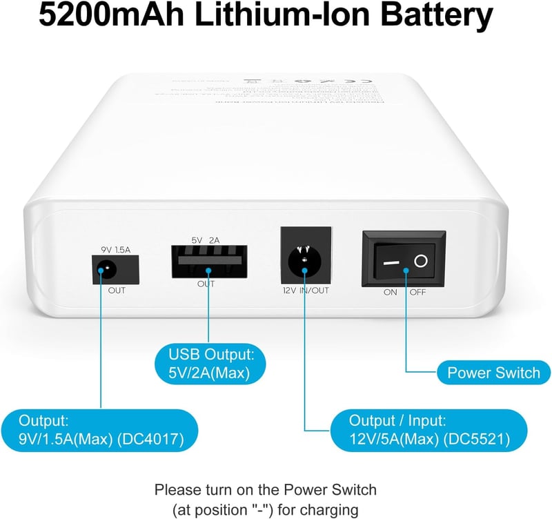 Melasta 12V 5200mAh 60W Lítium-ion Powerbank Külső Akkumulátor - 12V/9V DC és 5V USB Kimenettel LED Szalaghoz, CCTV Kamerához - Fehér