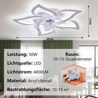 MiiR LED Mennyezeti Ventilátor Világítással - 69 cm Virág Alakú Lámpa, 5 Fényforrás, Távirányítóval és Applikációval, Fényerőszabályozható,  2