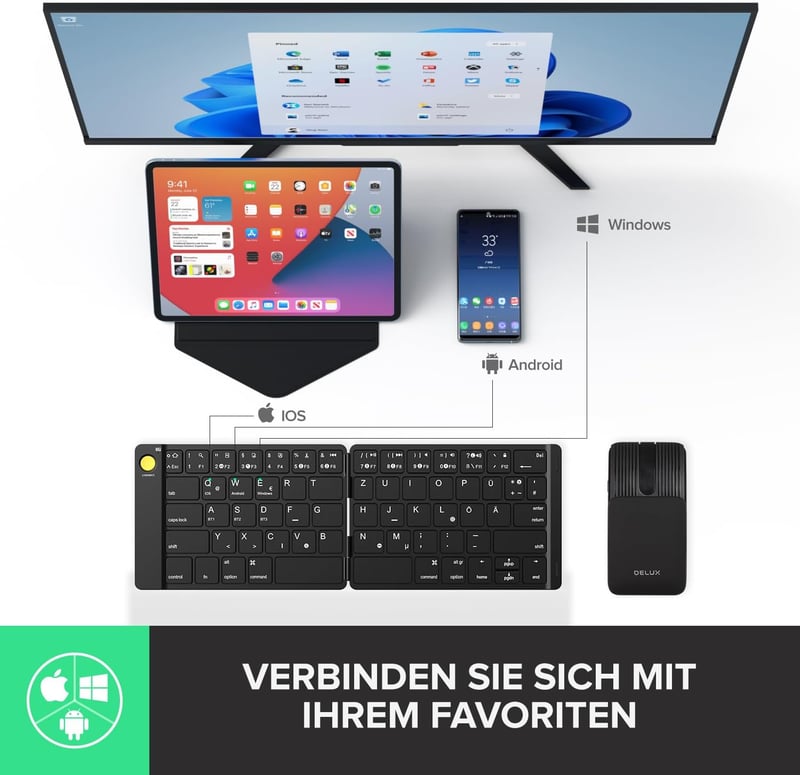 DeLUX PockCombo összecsukható bluetooth billentyűzet-egér szett, német QWERTZ, újratölthető, többeszközös, fekete