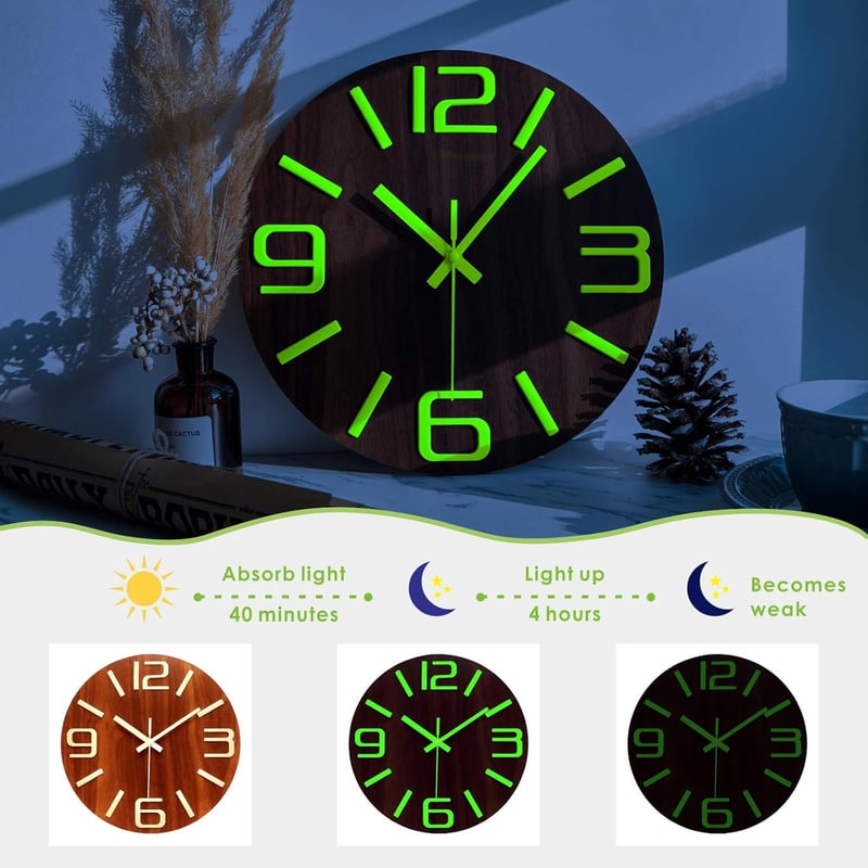 Plumeet 30cm-es Világító Fa Falióra - 3D Számokkal, Nesztelen, Fluoreszkáló
