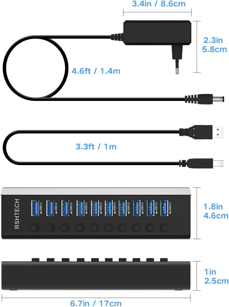 RSHTECH USB 3.0 Hub 10 Port Aktív Alumínium Elosztó 36W Tápegységgel
