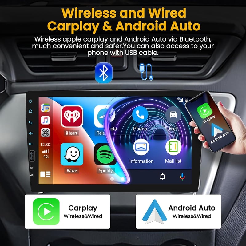 Hikity 1 DIN Autórádió 9" Érintőkijelzővel - Vezeték Nélküli CarPlay, Android Auto, Bluetooth, Tolatókamera, FM/AM, USB, Tükrözés, Kormányve