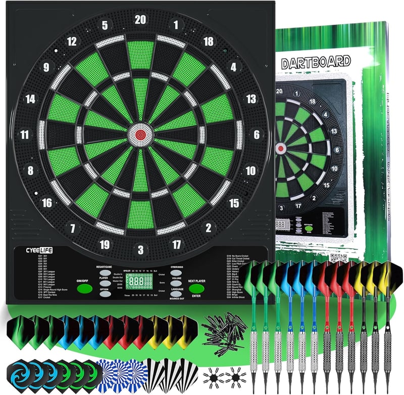 CyeeLife Elektronikus Darts Tábla LCD Kijelzővel - 34 Játék, 355 Variáció, Német Hangvezérléssel - 12 Puha Nyíl, 24 Toll, 50 Hegy, USB Töltő