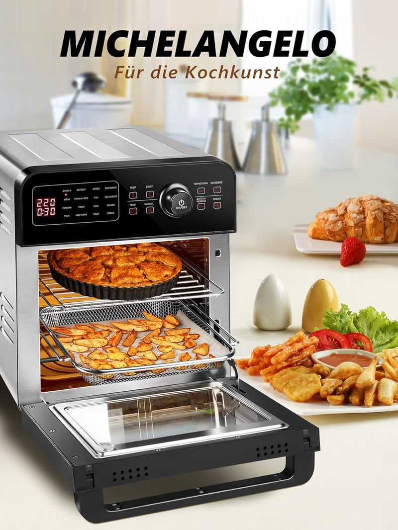 MICHELANGELO 14,5L Digitális Forrólevegős Sütő 1700W - Olaj Nélküli Légkeveréses Fritőz 16 Programmal, Forgónyárssal és Aszalóval, 8 Kiegész