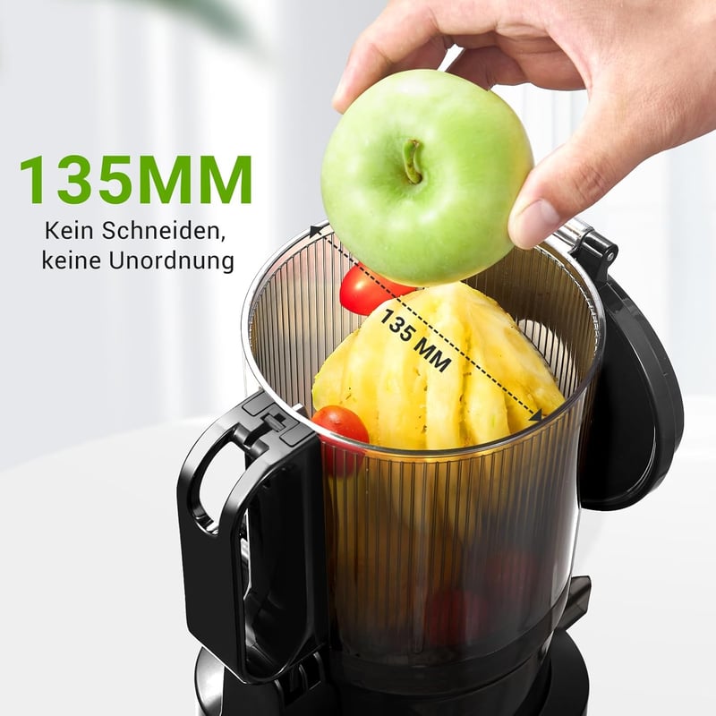 AMZCHEF Nagy Nyílású Automata Gyümölcs- és Zöldségprés, 1.8L, Hidegpréselés, Fekete