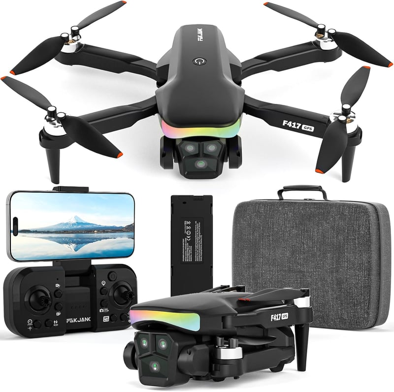 FAKJANK F417GPS 4K Drón GPS Navigációval - WiFi FPV Élő Videó, Automatikus Hazatérés, Követés Funkcióval, 90° Állítható Kamera, RGB LED Vilá