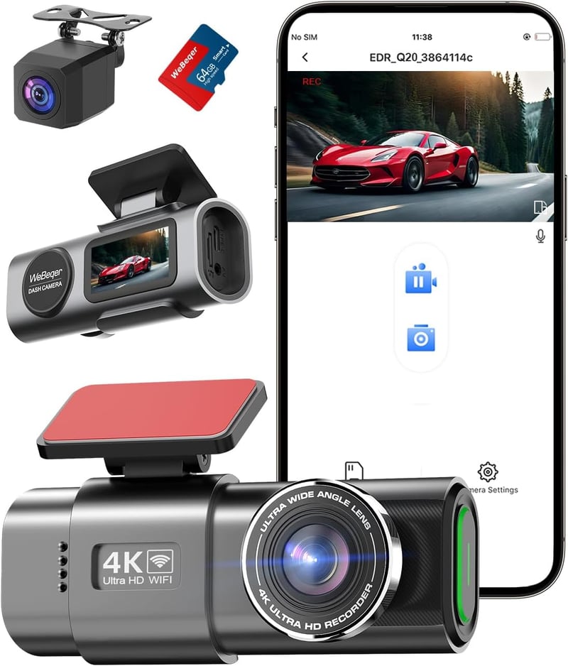 WeBeqer WiFi Autós Menetrögzítő Kamera 4K+1080P Felbontással, Első-Hátsó Kamera, 64GB SD Kártyával, 170°+140° Látószög, Éjjellátó, G-szenzor