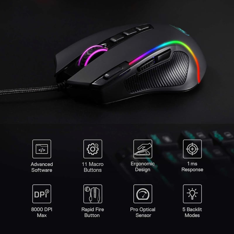 Redragon M612 Predator RGB gamer egér, 8000 DPI, 11 programozható gomb