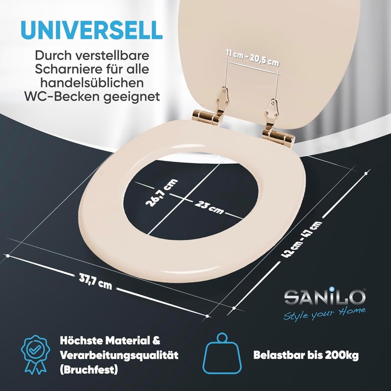 Sanilo Fa WC Ülőke Ovális Bézs Színben, Prémium Minőségű Lassú Záródású Mechanizmussal, Modern Stílusú Toalett Tető
