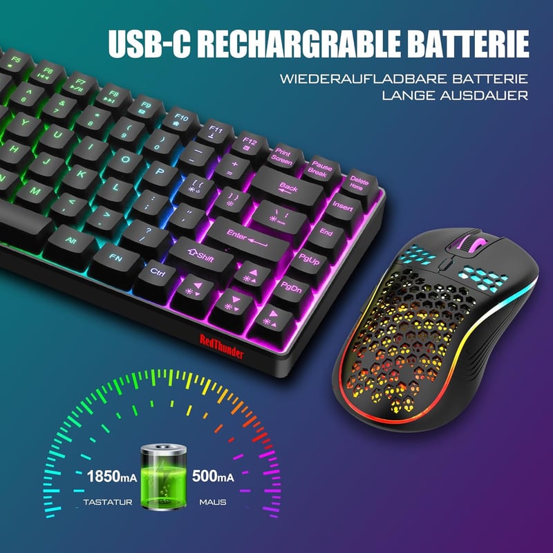 RedThunder 75% Vezeték Nélküli Gamer Billentyűzet és Egér Szett, QWERTZ DE Kiosztás, TKL Kompakt Újratölthető, 7200DPI Méhsejt Kialakítású  - black