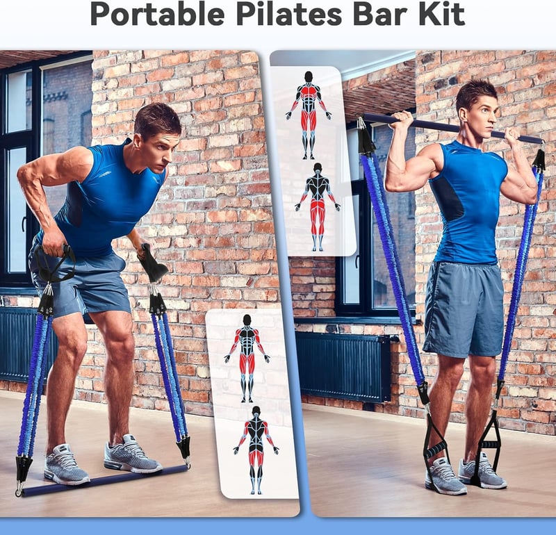 Hommie Pilates rúd szett ellenálló gumikkal, 3 erősségű (20-30-40 LB), unisex