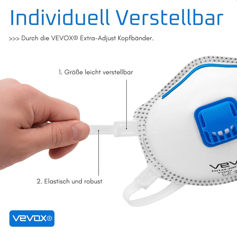 VEVOX FFP3 Légzésvédő Maszk Szeleppel - 10 Darabos Csomag - Pormaszk Finompor Ellen - Állítható Orrkampó - Munkavédelmi Respirátor
