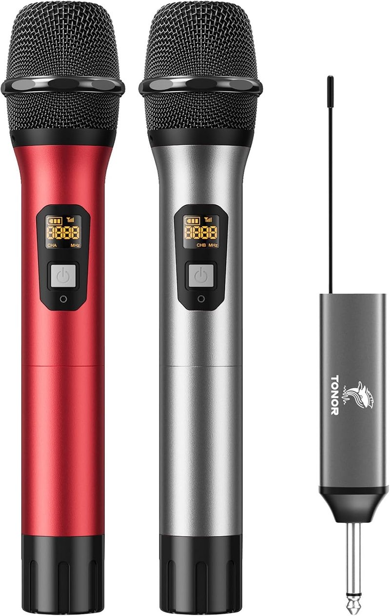 TONOR UHF Vezeték Nélküli Mikrofon Szett Karaoke DJ Esküvőhöz 60m Hatótáv - Grey & Red