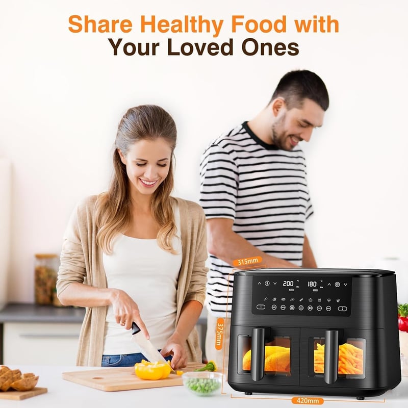 Cookwise 9L Dupla Fiókos Forrólevegős Sütő - 9-in-1 Főzési Mód, Betekintő Ablak, Érintőképernyő, Olajmentes Egészséges Sütés, Időzítő, 2570W
