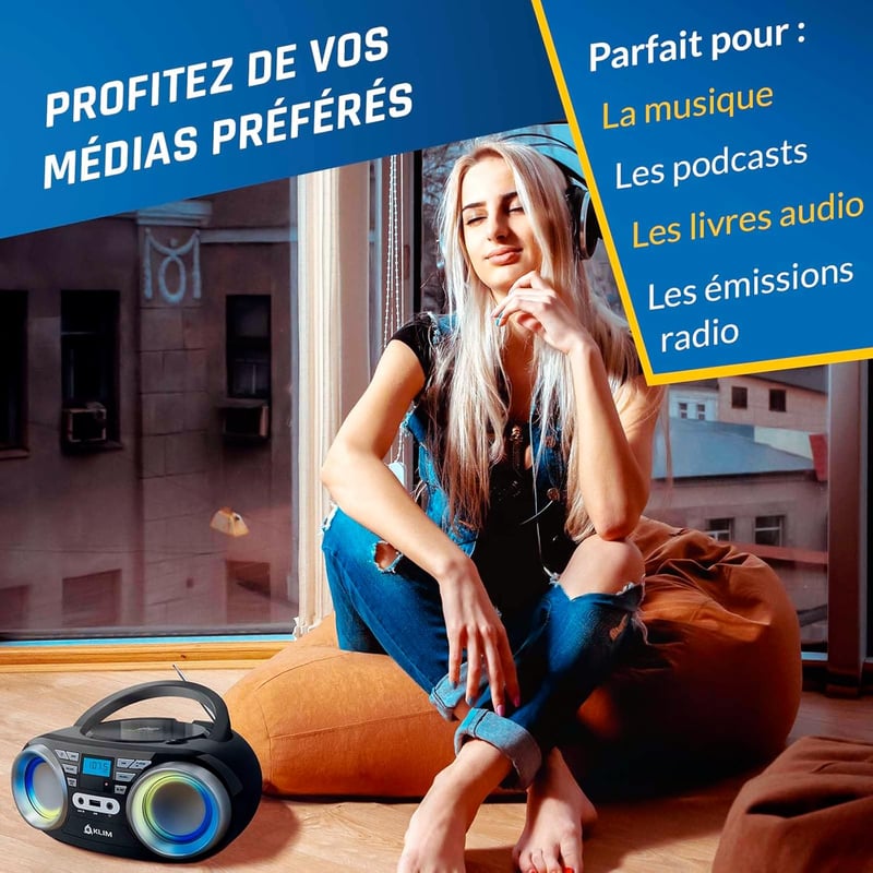 KLIM Boombox B3 Hordozható CD Lejátszó FM Rádióval - Bluetooth, USB, AUX Csatlakozás, RGB LED Világítás, Újratölthető Akkumulátor, Digitális