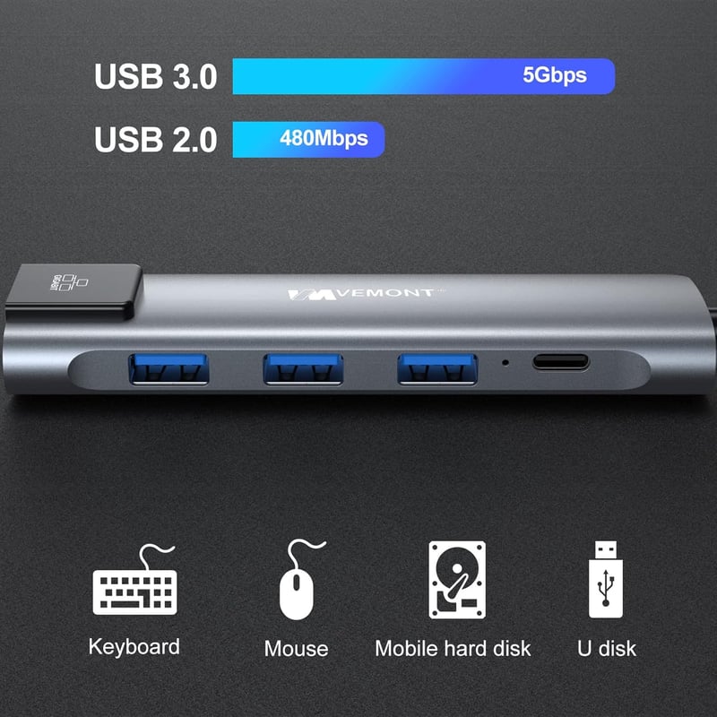 VEMONT 5-in-1 USB-C Hub Ethernet 1000Mbps, 3x USB 3.0, 100W Power Delivery