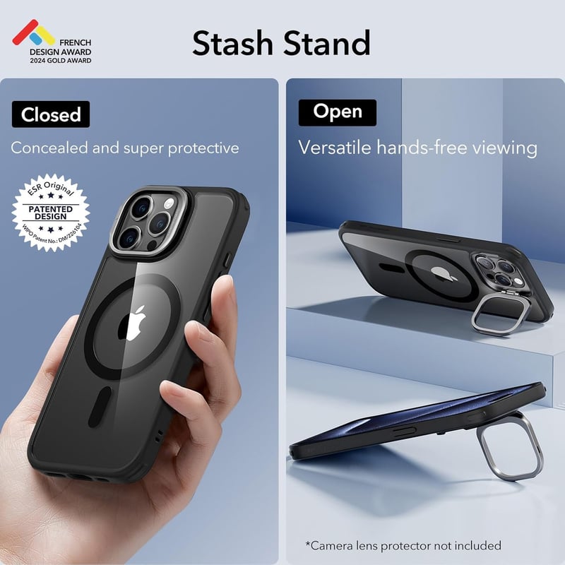 iPhone 15 Pro Max MagSafe-kompatibilis katonai védőtok rejtett állvánnyal - ESR Classic, fekete