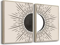 Nap és Hold Boho Fakeretes Kép - Absztrakt Fekete Vonalak Bézs Geometriai Mintával, Modern Nordikus Fali Dekoráció Nappaliba, Há 1