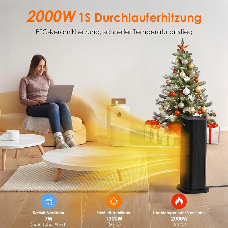 Minthouz 2000W PTC Kerámia Hősugárzó - Energiatakarékos Ventilátoros Fűtőtest Távirányítóval, LED Kijelzővel, 70° Oszcillációval és 12 Órás 