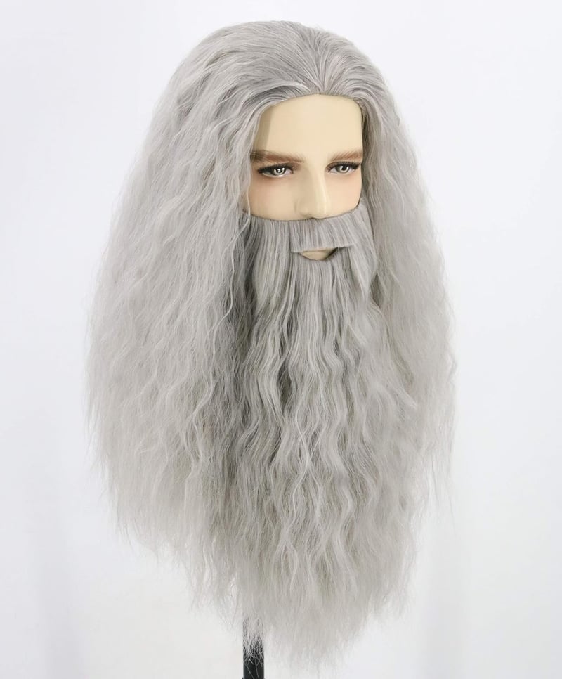 Topcosplay Varázsló Paróka és Szakáll Szett - Szürke/Fehér Hőálló Műhaj Gandalf Jelmez Farsangra, Halloweenre - Állítható Méret 54-60 cm