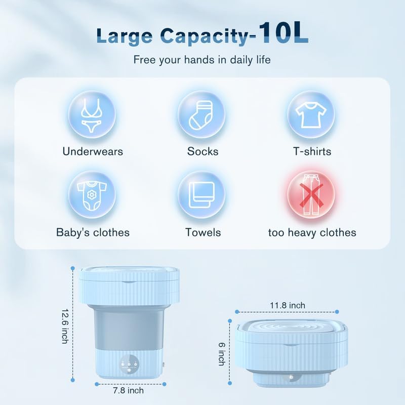 Bubbacare Összehajtható Mini Mosógép 10L - Hordozható Kompakt Mosóeszköz Fehérneműhöz, Bébi Ruhákhoz - Energiatakarékos Érintőképernyős Kemp