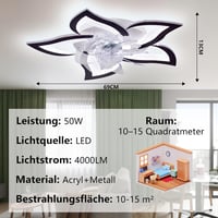 MiiR Virág Alakú LED Mennyezeti Ventilátor Lámpa - 50W Fekete Távirányítós Csillár 5 Fényforrással, Applikációval Szabályozható, Nappali és  - 69 cm, Black 2