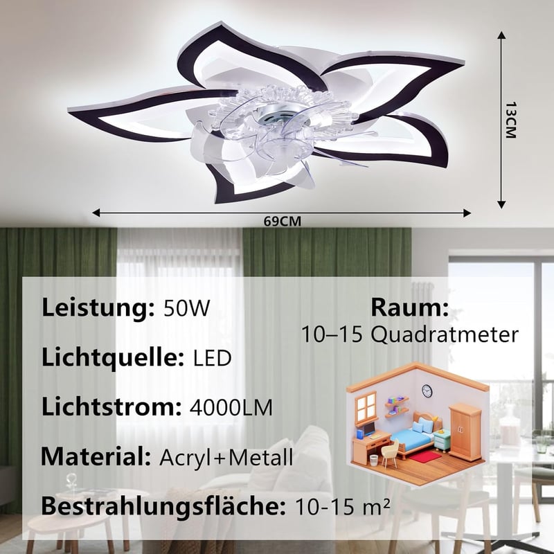 MiiR Virág Alakú LED Mennyezeti Ventilátor Lámpa - 50W Fekete Távirányítós Csillár 5 Fényforrással, Applikációval Szabályozható, Nappali és  - 69 cm, Black
