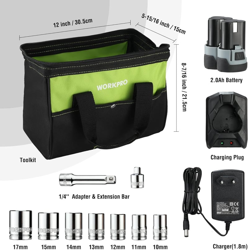WORKPRO Elektromos Racsnis Kulcs Készlet, 12V, 55 Nm, 3/8" Méretű, LED Világítással, 2.0 Ah Akkumulátorral, 9 Dugókulccsal és Táskával