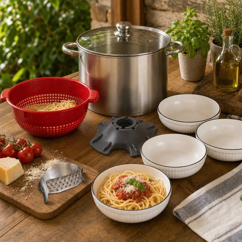 Olasz tésztaest csomag: TM21 rögzített tányér + 19 l fedeles fazék + szűrő + parmezánreszelő + 4 db tésztatál