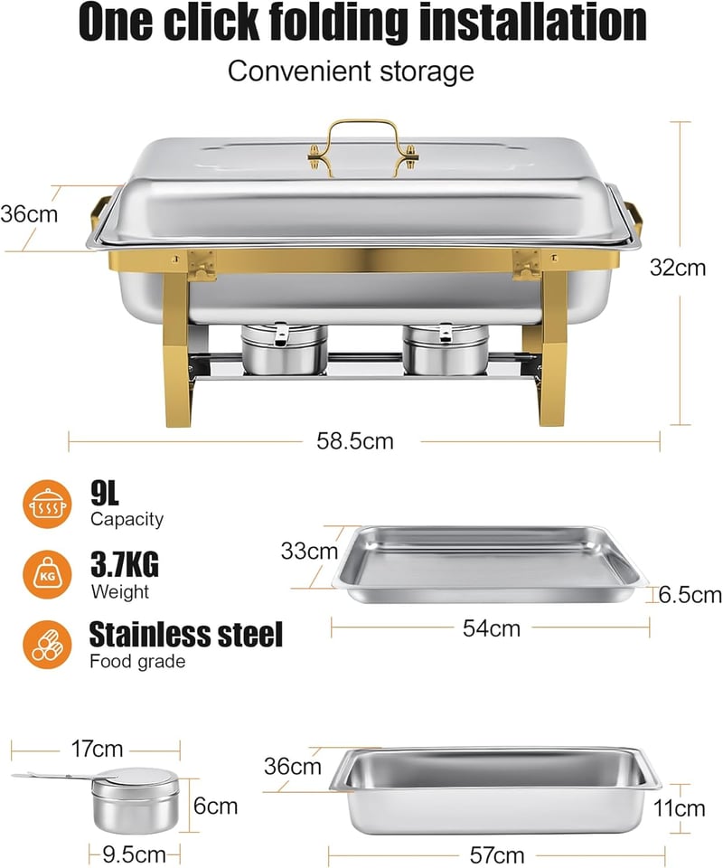 WENMILY 9L Rozsdamentes Acél Ételmelegítő Szett - 2 db Arany Színű Négyzetes Chafing Dish Tálalóedény Gördülő Peremmel, Partikra és Büféaszt