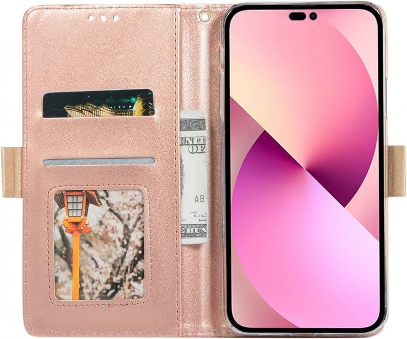 iPhone 14 Rózsaszín Csipkés Műbőr Pénztárcatok Masnis Kézszíjjal