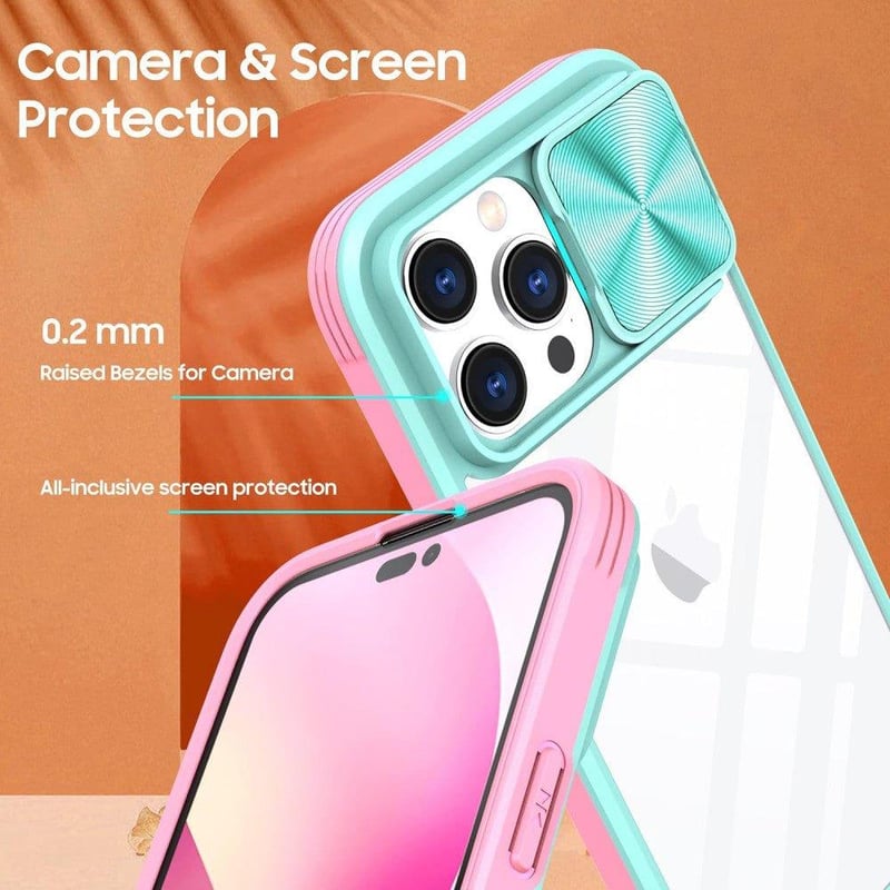 iPhone 14 Pro Max Ütésálló Tok Csúsztatható Lencsevédővel - Rózsaszín-Kék