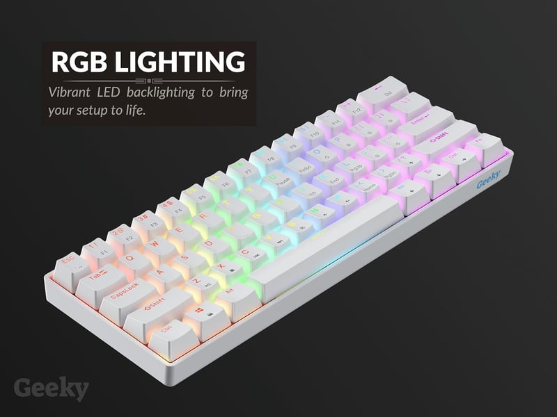 Geeky GK61 SE 60% Mechanikus Gamer Billentyűzet, 61 Gombos RGB Háttérvilágítás, Barna Kapcsolók, USB-C, PC/Mac/PS5/Xbox Kompatibilis, Fehér