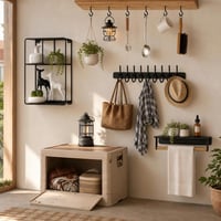 Set organizare atelier: 25 cârlige tavan + raft prosoape + 55 cârlige perete + raft metalic 3 nivele + ladă 35L 1