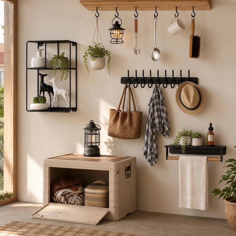 Set organizare atelier: 25 cârlige tavan + raft prosoape + 55 cârlige perete + raft metalic 3 nivele + ladă 35L